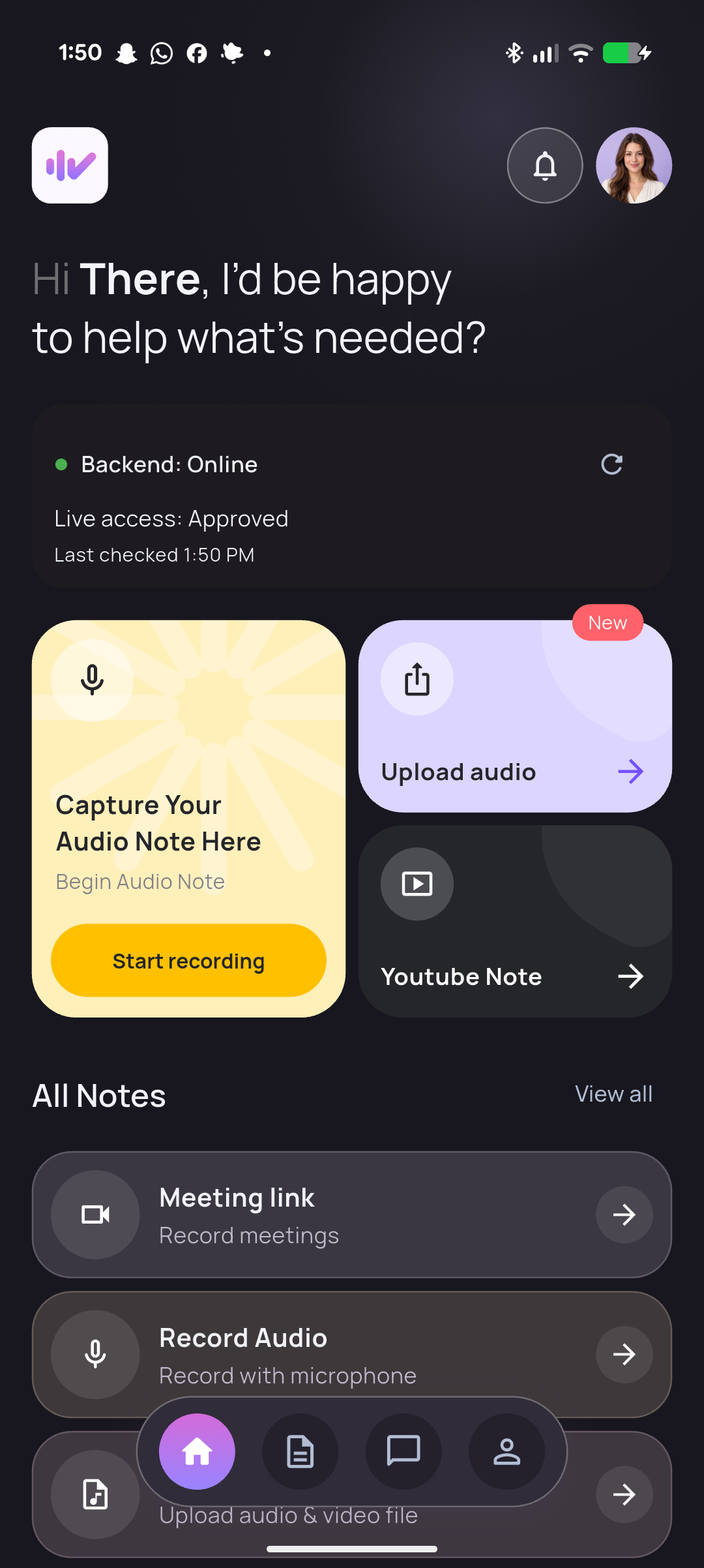 Android Home screen with audio capture cards and separate backend and access statuses
