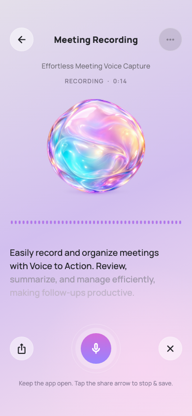 Development recording screen showing the pastel audio-reactive glass orb