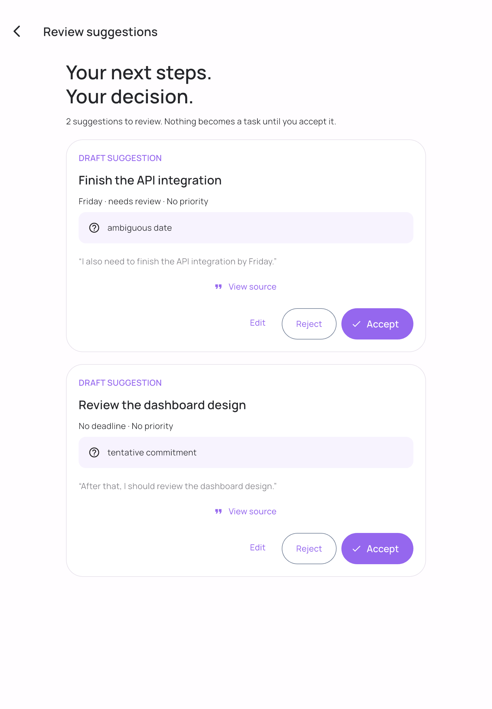 Development review screen with source quotations and an ambiguous-date warning